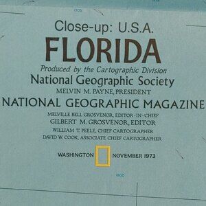 NATIONAL GEOGRAPHIC CLOSE UP MAP OF FLORIDA November 1973